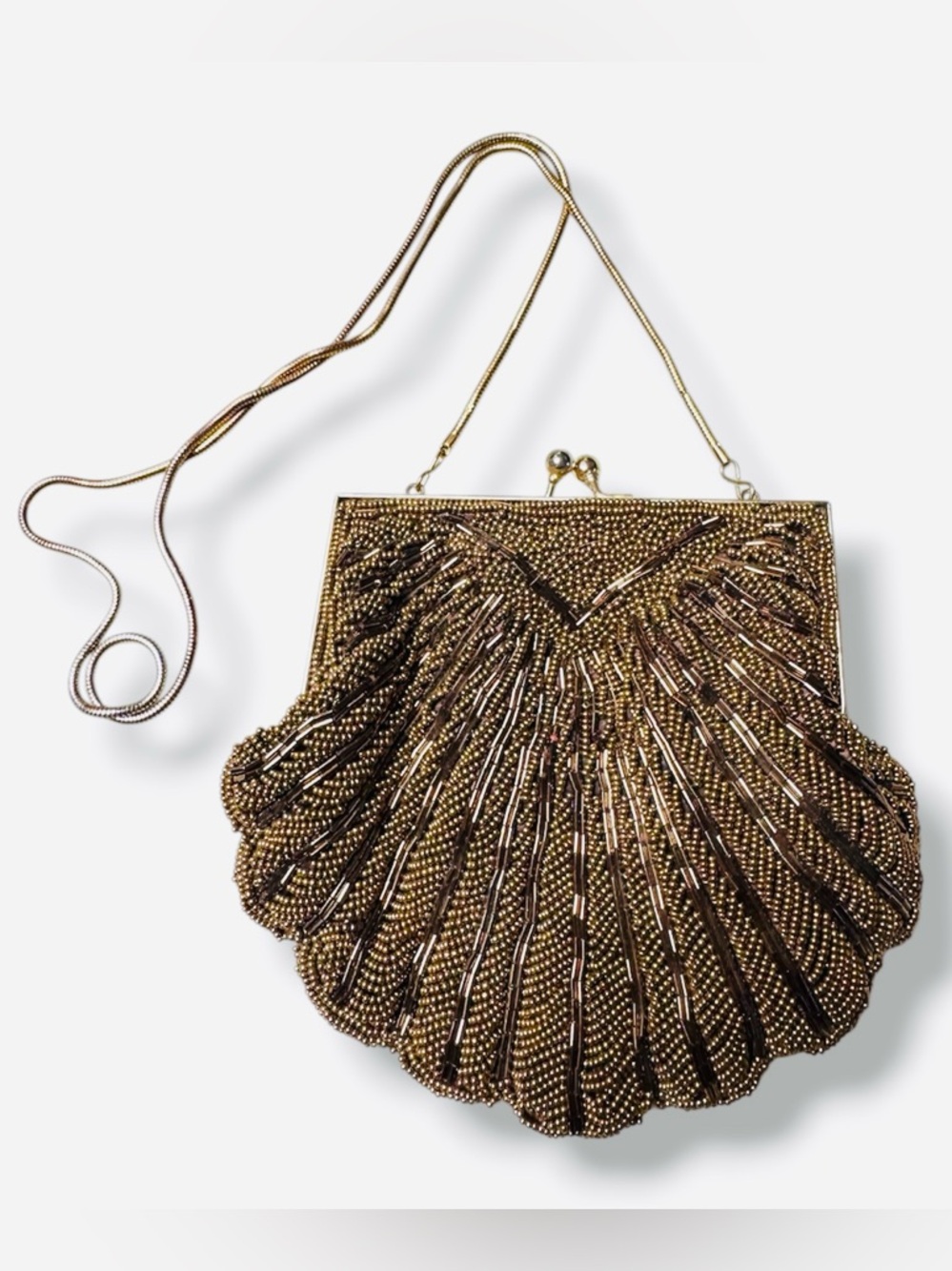 Vintage La Regale beaded seashell-shaped evening clutch purse bronce